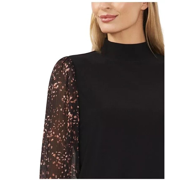 CeCe Women's Sheer Printed Long-Sleeve Mock Neck Top Rich Black XS - Picture 2 of 7